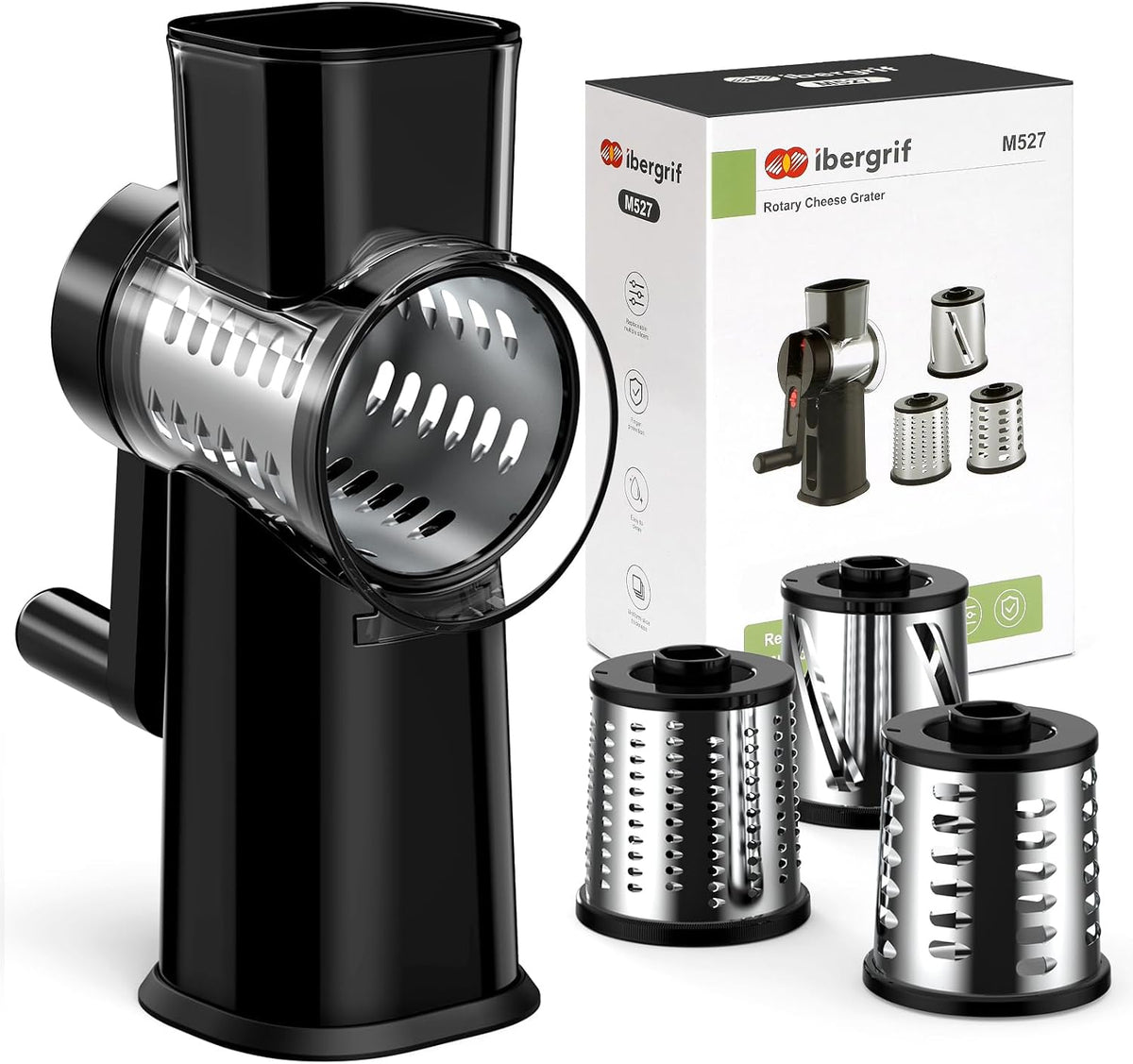 Ibergrif Rotary Cheese Grater Hand Crank– Manual Vegetable Slicer Mandoline with Foldable Handle, Rotary Grader with 3 Interchangeable Blades, Manual Cheese Shredder with Suction Base