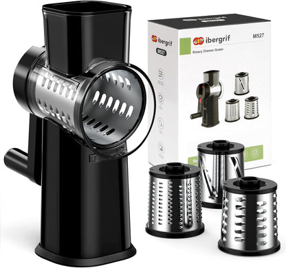 Ibergrif Rotary Cheese Grater Hand Crank– Manual Vegetable Slicer Mandoline with Foldable Handle, Rotary Grader with 3 Interchangeable Blades, Manual Cheese Shredder with Suction Base