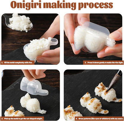 Cat Onigiri Mold Set Rice Ball Mold for Bento, Cat Shape Food Mold with Drain Holes for Rice Potato Carrot Puree(3 Pack)