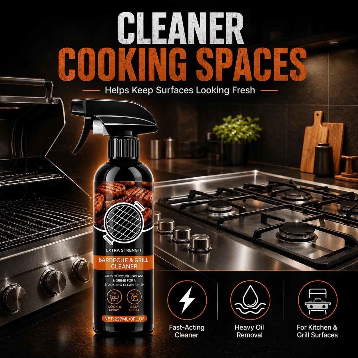Kitchen Heavy Oil Cleaner Spray, Fast-Acting Heavy Duty Degreaser for Ovens, Stovetops, Countertops, Appliances, BBQ Grills, Grates and Racks (1PCS)