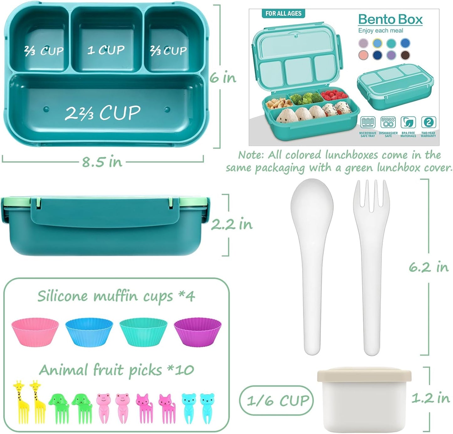 QQKO Bento Lunch Box for Kids Girls Boys, Toddler Kids Lunch Boxes for School, Lunch Containers for Adults with 4 Compartments, Sauce Container, Utensils, Food Picks and Muffin Cups, Purple