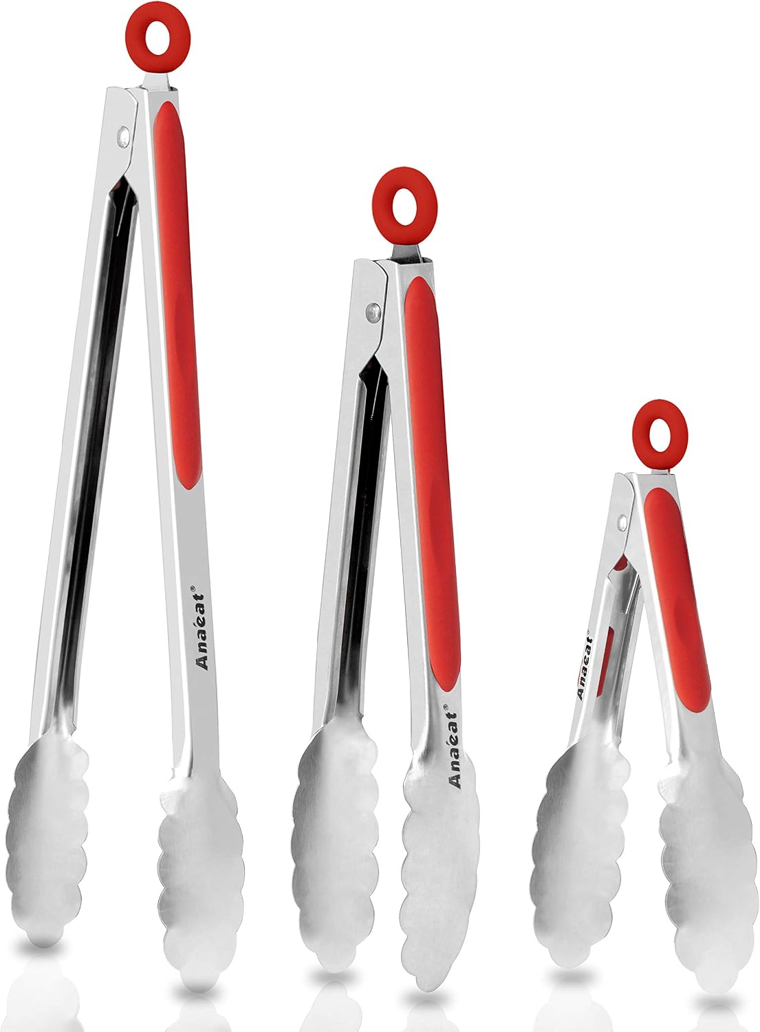 Anaeat Premium Kitchen Locking Tong Set of 3 - Heavy Duty Stainless Steel Food Tongs with Long Handle & Non-Slip Silicone Grip for Cooking, Baking, Grilling - Heat Resistant up to 480°F