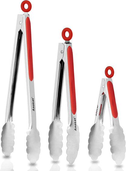Anaeat Premium Kitchen Locking Tong Set of 3 - Heavy Duty Stainless Steel Food Tongs with Long Handle & Non-Slip Silicone Grip for Cooking, Baking, Grilling - Heat Resistant up to 480°F