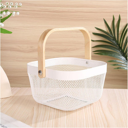 AJIODA Metal Mesh Wire Basket, Large Steel Basket with Wooden Handle Storage Organizer Basket Multi-functional Hanging Kitchen Baskets Fruit Baskets for Kitchen Bathroom Cabinet Pantry Snacks, Black