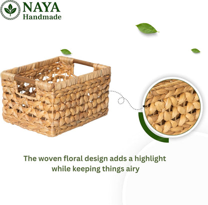 NAYA 11.6" Water Hyacinth Medium Wicker Shelf Basket – Storage Bin | Handwoven water hyacinth shelf basket with sturdy handles for pantry, towels and everyday home organization.