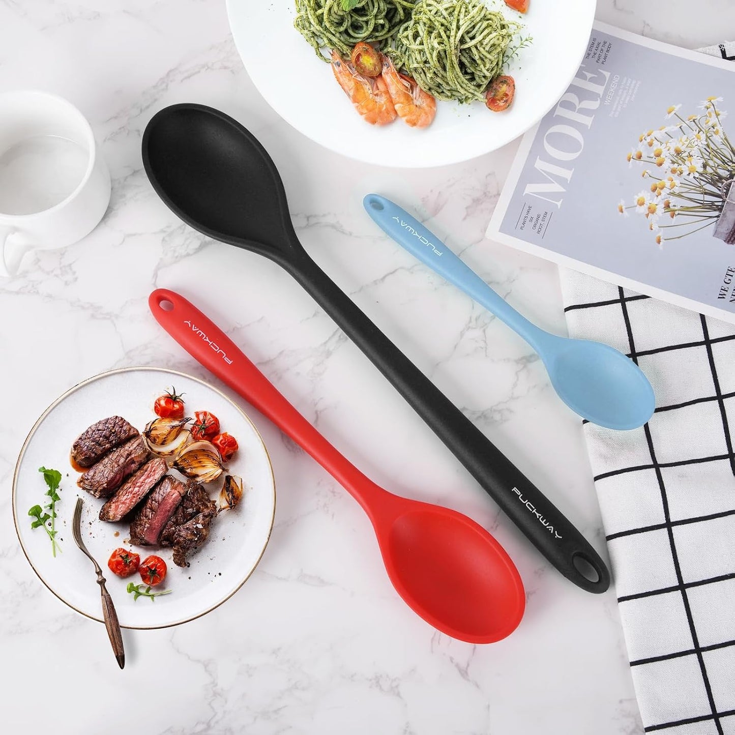 3 Pcs Silicone Spoons Set of 7.9 10.6 14.2 inch for Cooking, Heat Resistant Kitchen Spoons for Mixing, Stirring, and Serving, Small to Large Non Stick (Green)