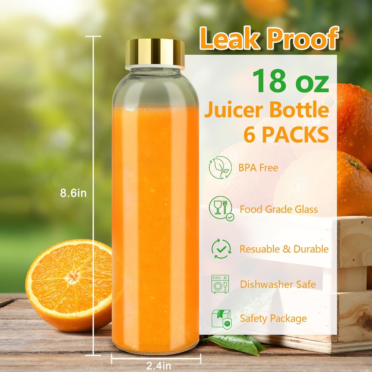 Zukro Glass Juice Bottles with Lids for Juicing 18 oz, Reusable Clear Glass Water Bottles with Stainless Steel Airtight Cap for Refrigerator, 100% Leak Proof Drinking Jar, BPA Free, Set of 6