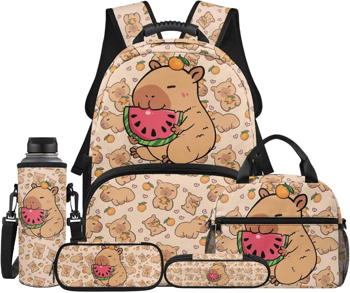 Highland Cow Backpack with Lunch Box Set for Kids Sunflower School Backpack for Girls Boys Back to School Bag Student Travel Backpacks Reusable Utensils Pen Case Water Bottle Bag 5PCS
