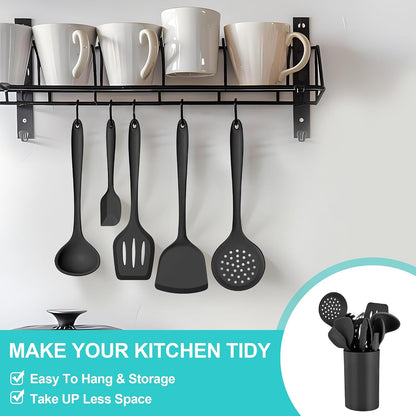 E-far Silicone Cooking Spoon Set of 2, Heat Resistant Kitchen Spoons Utensils Nonstick Mixing Spoon for Baking Stirring Serving, Non-Toxic & Dishwasher Safe (Black)