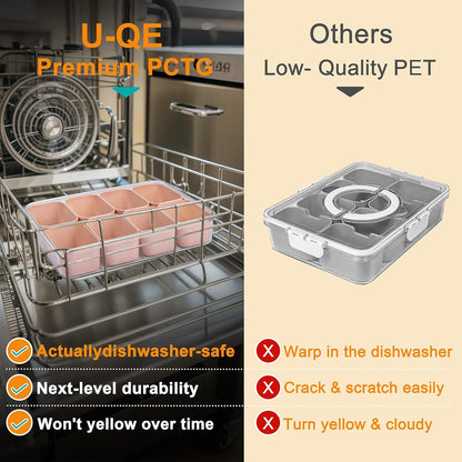 U-QE Dishwasher Safe Snackle Box Container with 8 Small Snacks Box - Premium Ivory Plastic Divided Serving Tray with Lid and Handle for Snack, Veggie, Fruits, Perfect for Party, Picnic, Entertaining