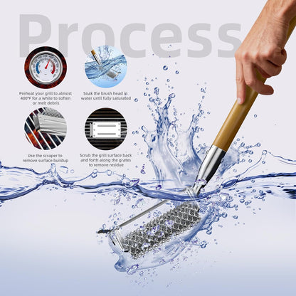 HOUSE AGAIN Grill Brush Bristle Free, 304 Stainless Steel Food-Grade Brush Head with Scraper, Safe BBQ Outdoor Grill Cleaning Brush Strong Barbecue Brush Cleaner Non Wire for Grill Grate/Wooden Handle