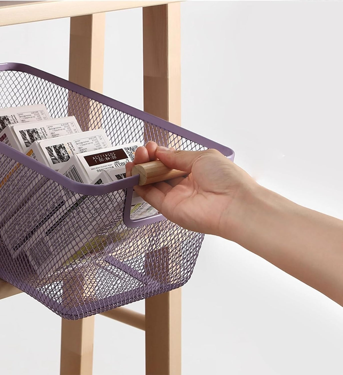 AJIODA Metal Mesh Steel Basket, Large Wire Storage Organizer Basket Multi-function Hanging Kitchen Baskets with Wood Handle for Kitchen Bathroom Picnic Home, Rectangle-Off White