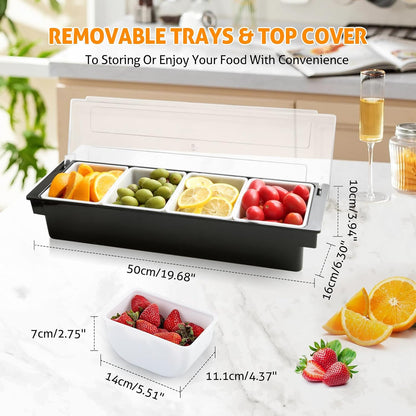 WICHEMI Fruit, Veggie & Condiment Caddy with Lid Dispenser Tray Plastic Garnish Station for Bartending & Serving Taco, Ice Cream, Salad Bar - Topping Organizer for Restaurant Supplies (3 Compartment)