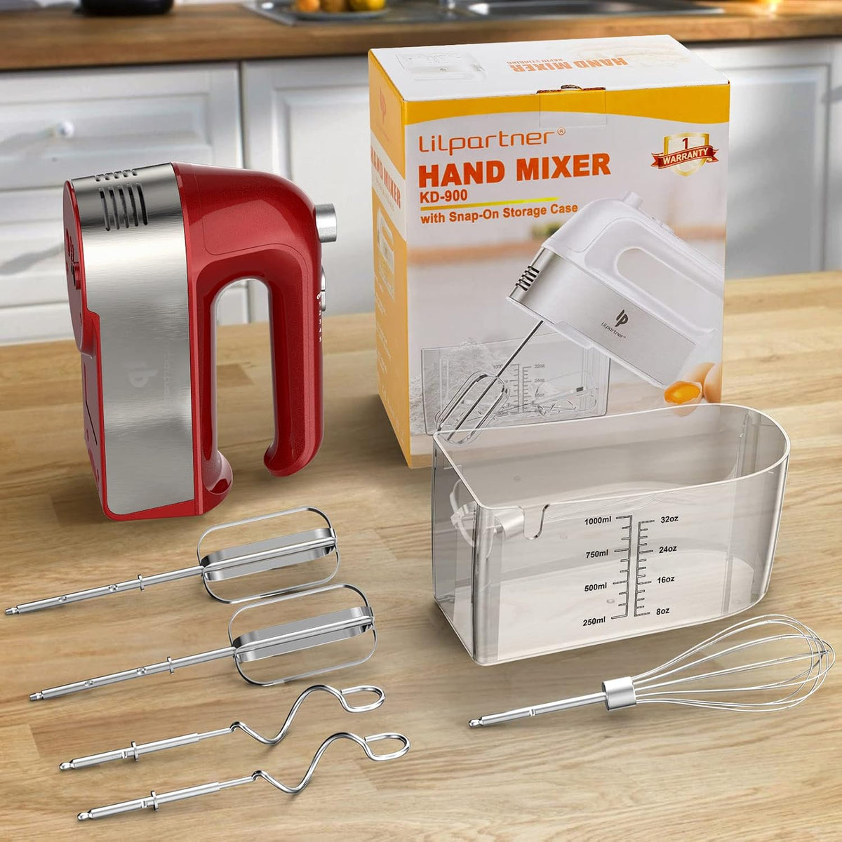 Hand Mixer Electric, 450W Kitchen Mixers with Scale Cup Storage Case, Turbo Boost/Self-Control Speed + 5 Speed + Eject Button + 5 Stainless Steel Accessories, For Easy Whipping Dough, Cream, Black