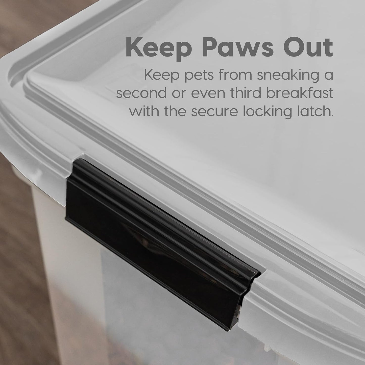 IRIS USA Airtight Dog Food Storage Container, WeatherPro, Up to 25 lbs, Removable Wheels, for Dog Cat Bird and Other Pet Food Storage Bin, Keep Fresh, Translucent Body, Made in USA, Clear/Black