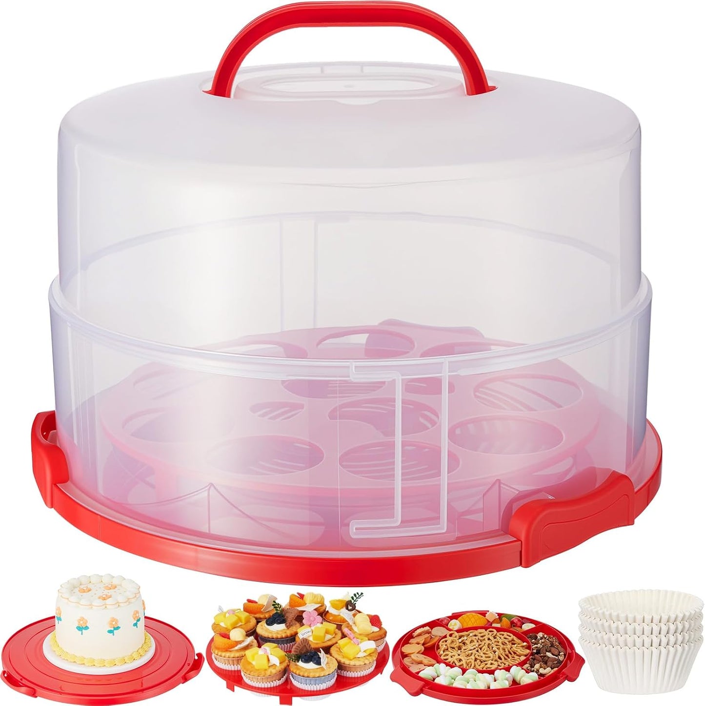 Teenyyou 12 Inch Large Cake Carrier with Lid and Handle for 12" Round 7" High Cake Adjustable Plastic Pies Carrier Portable Cupcakes Transport Container for Cookies Pizza and More(Pink)