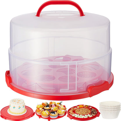 Teenyyou 12 Inch Large Cake Carrier with Lid and Handle for 12" Round 7" High Cake Adjustable Plastic Pies Carrier Portable Cupcakes Transport Container for Cookies Pizza and More(Pink)