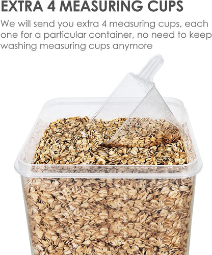 Vtopmart 4 PCS Large Food Storage Containers 5.2L / 175oz, 4 Pieces BPA Free Plastic Airtight Canisters for Flour, Sugar, Baking Supplies, Rice with Lids, 4 Measuring Cups and 24 Labels, Black