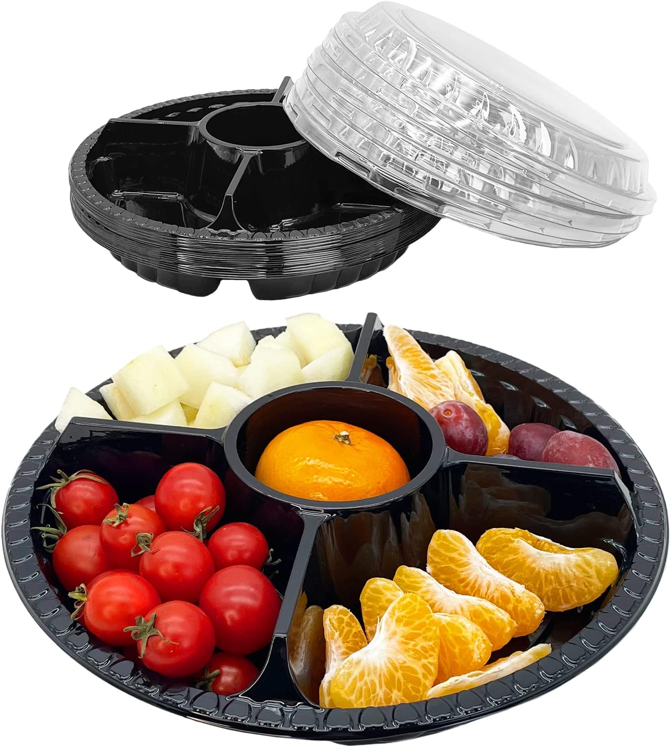 12Pcs Disposable Fruit Trays, Round Plastic Appetizer Serving Tray with Lid 5 Compartment Party Platters Divided Food Dip Containers for Snack Vegetable Salad Veggie Fruit Organizer-Black