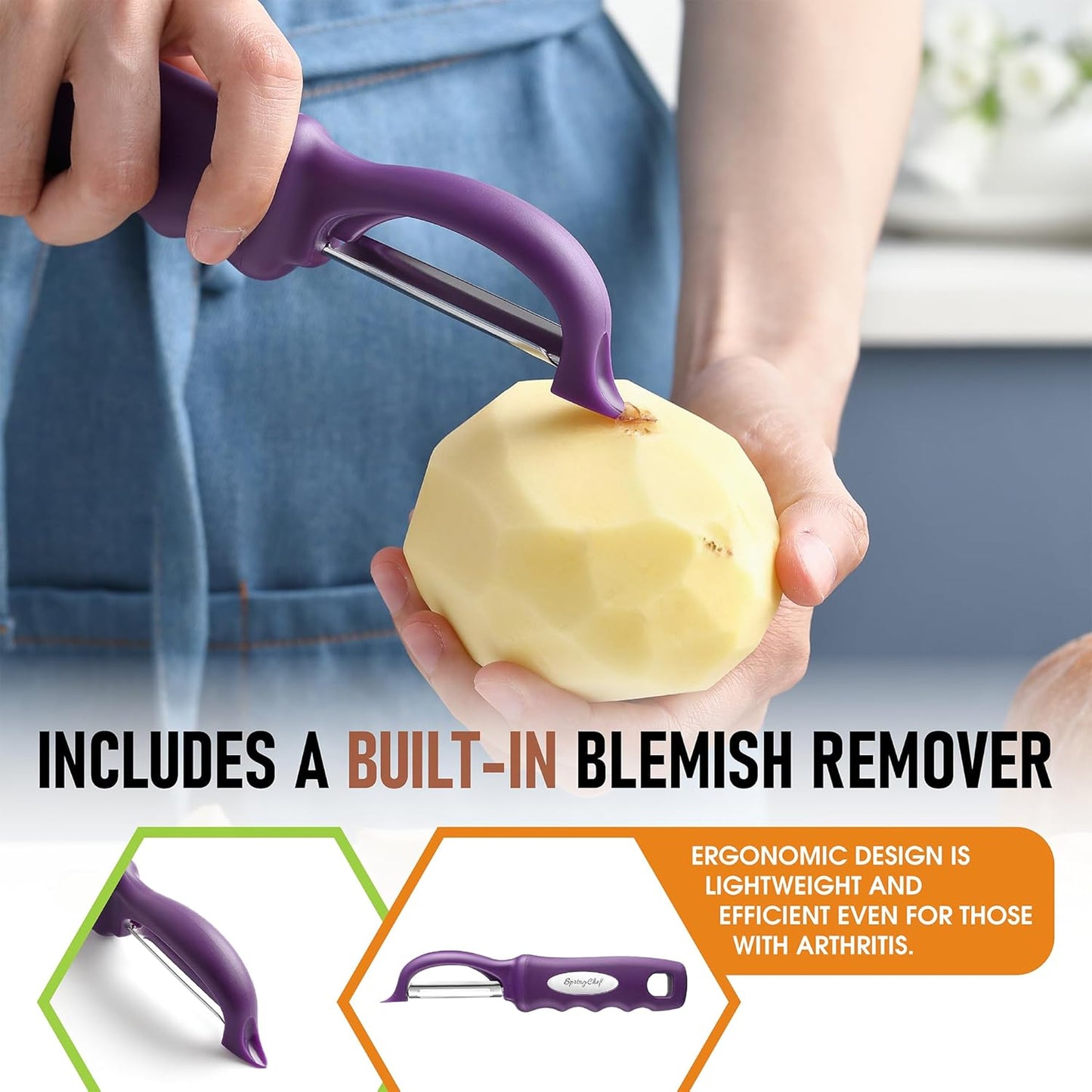 Spring Chef Premium Swivel Vegetable Peeler, Soft Grip Handle and Ultra Sharp Stainless Steel Blades - Perfect Kitchen Peeler For Veggie, Fruit, Potato, Carrot, Apple - Mango