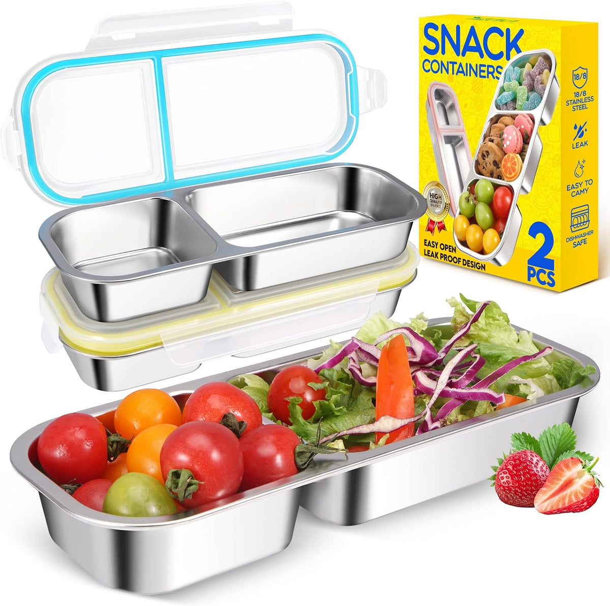2Pack Stainless Steel Snack Containers for Kids Adults, Reusable 3 Compartment Snackle Box Container with Leakproof Lids Metal Bento Lunch Boxs Food Storage Containers for Travel Picnics Office School