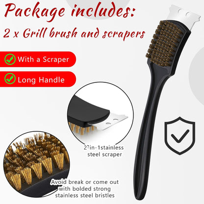 Chengu 2 Pcs 8 Inch BBQ Grill Brush for Outdoor Grill and Scraper Stainless Steel Wire Extra Strong Cleaner Heavy Duty Barbecue Cleaning Brush Cleaner