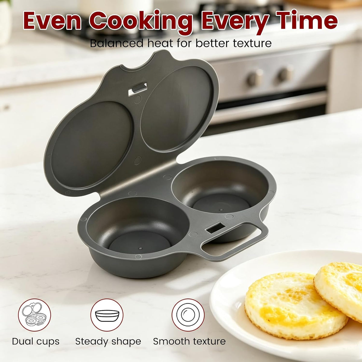 Dual Cavity Microwave Egg Poacher with Lid and Handle, Dark Gray