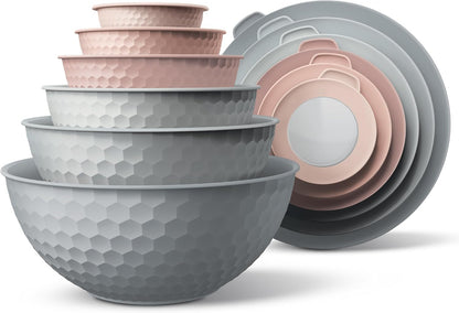 COOK WITH COLOR Mixing Bowls with Lids - 12 Piece Plastic Nesting Bowls Set includes 6 Prep Bowls and 6 Lids, Microwave Safe Mixing Bowl Set, Pink Embossed - Colors A