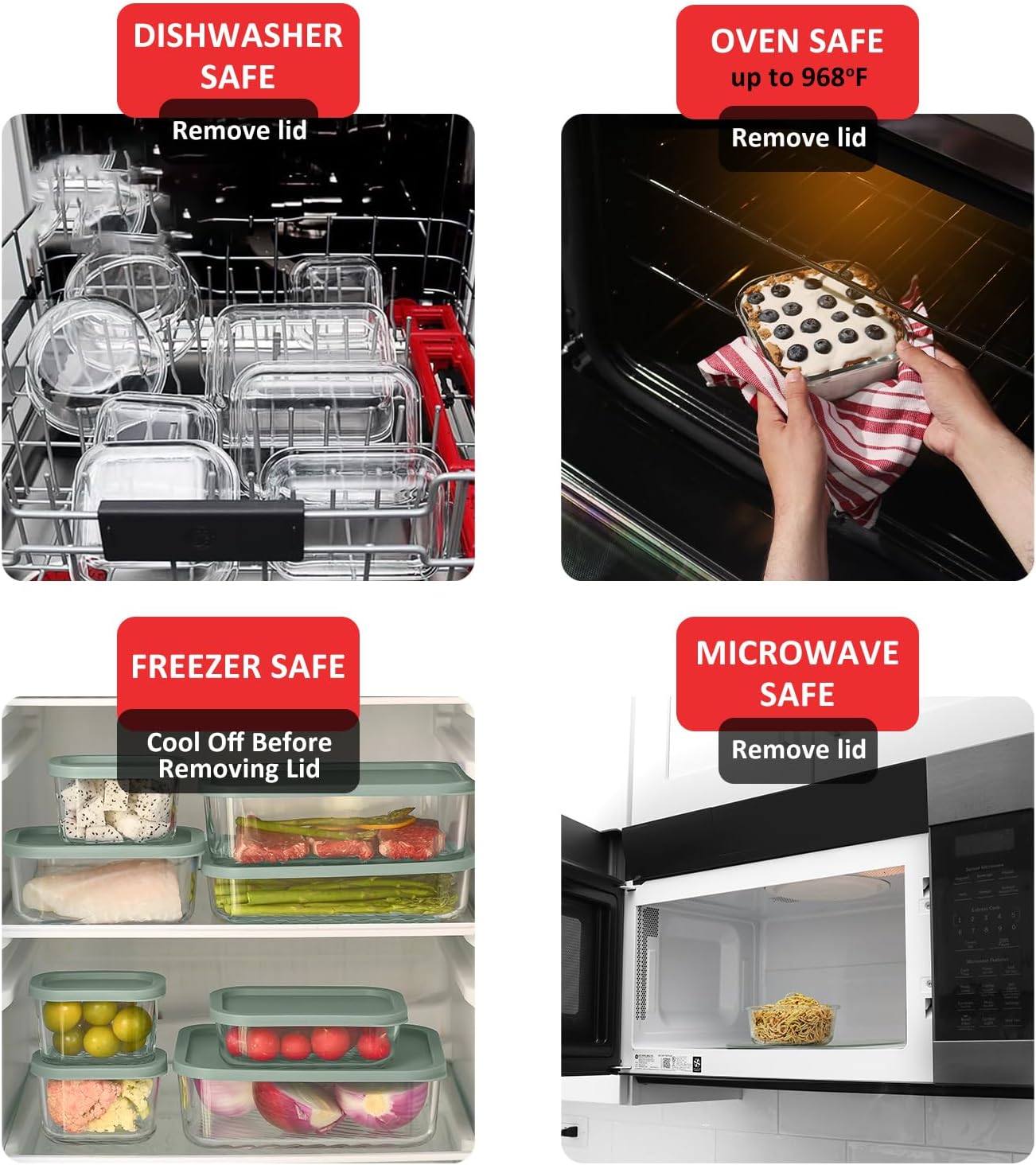 EATEX Grooved Base Glass Meal Prep Containers, 12 Pack Glass Food Storage Containers with Lids for Meal Prep & Lunch, Microwave Oven Freezer Dishwasher Safe, Anti Moisture Non-Stick Design - Black
