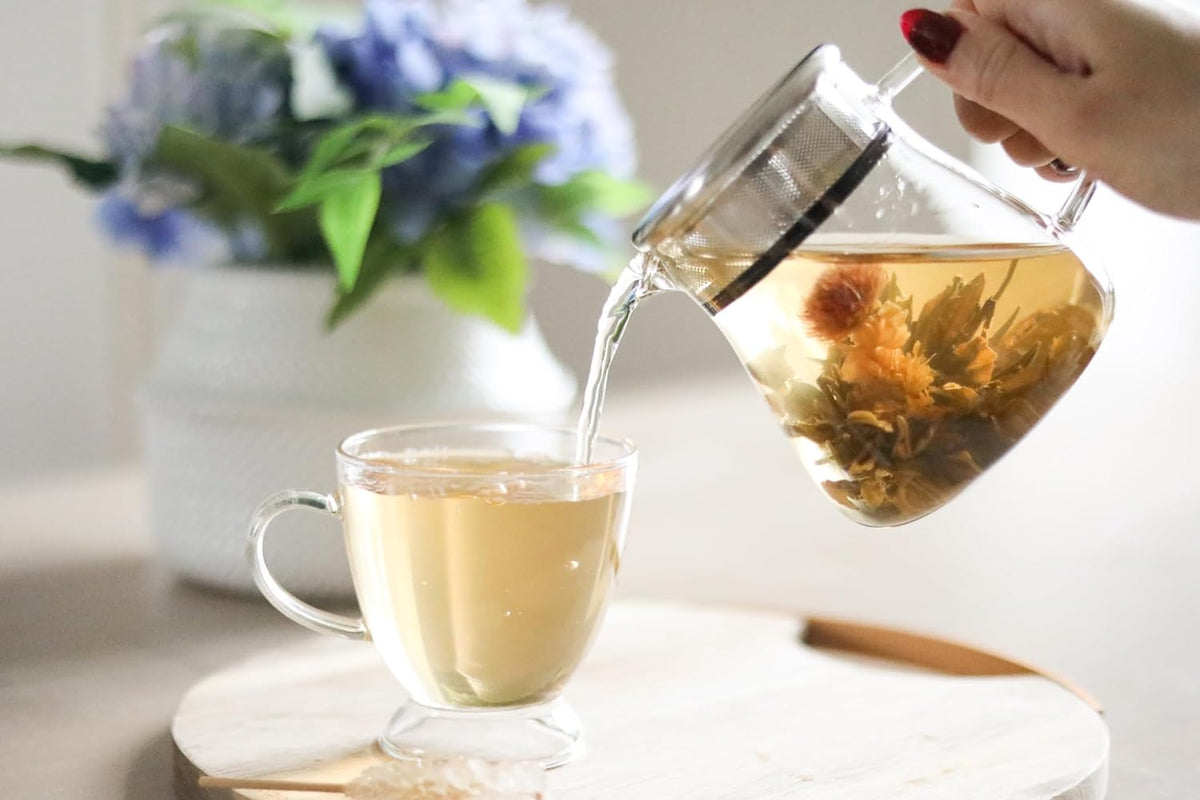 Teabloom One-Touch Tea Maker, 2-in-1 Teapot and Kettle with Stainless Steel Filter Lid for Loose Tea – Stain-Free Borosilicate Glass Teapot (27 Oz) – Tea Connoisseur's Choice