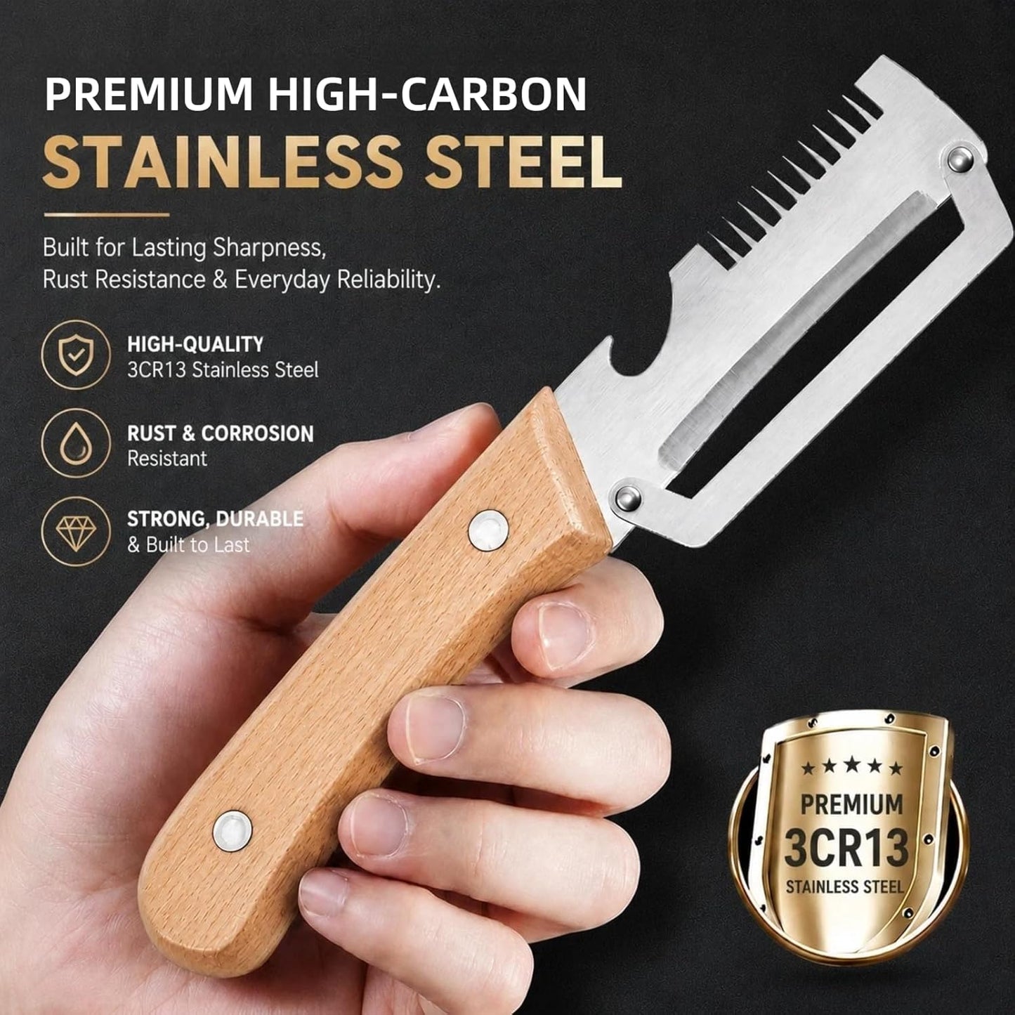 2 Pack Vegetable Peeler, 3 in 1 Multifunctional Veggie Peeler with Wooden Handle, Stainless Steel Blade Potato Carrot Fruit Peeler with Julienne Shredder & Bottle Opener Kitchen Gadget