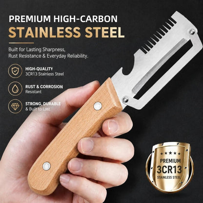 2 Pack Vegetable Peeler, 3 in 1 Multifunctional Veggie Peeler with Wooden Handle, Stainless Steel Blade Potato Carrot Fruit Peeler with Julienne Shredder & Bottle Opener Kitchen Gadget