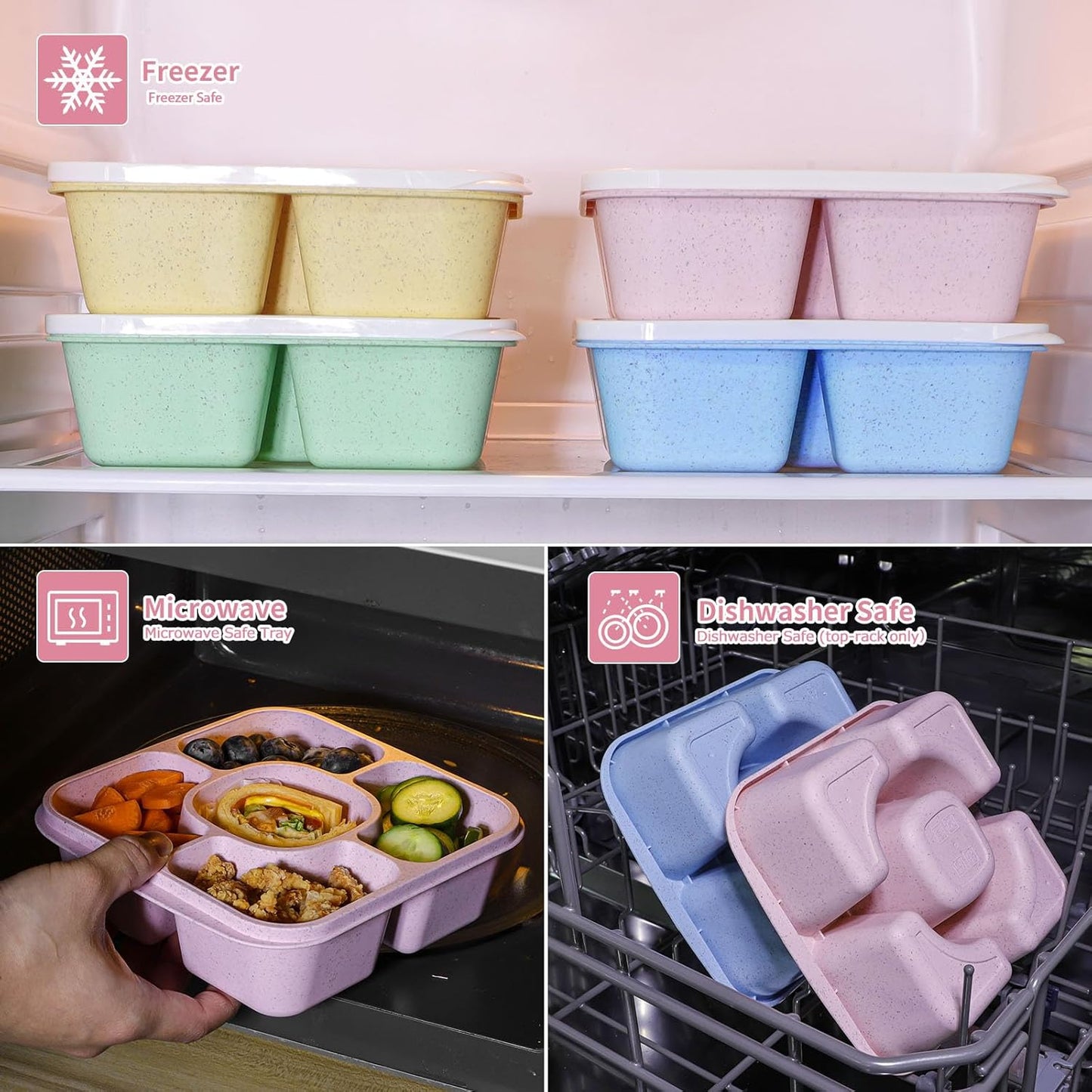 Original Lunchable Snack Containers - 5 Compartments Bento Snack Boxes with 1 Leakproof Small Containers, Wheat Straw, BPA-Free, Set of 2 (Bule+Pink)