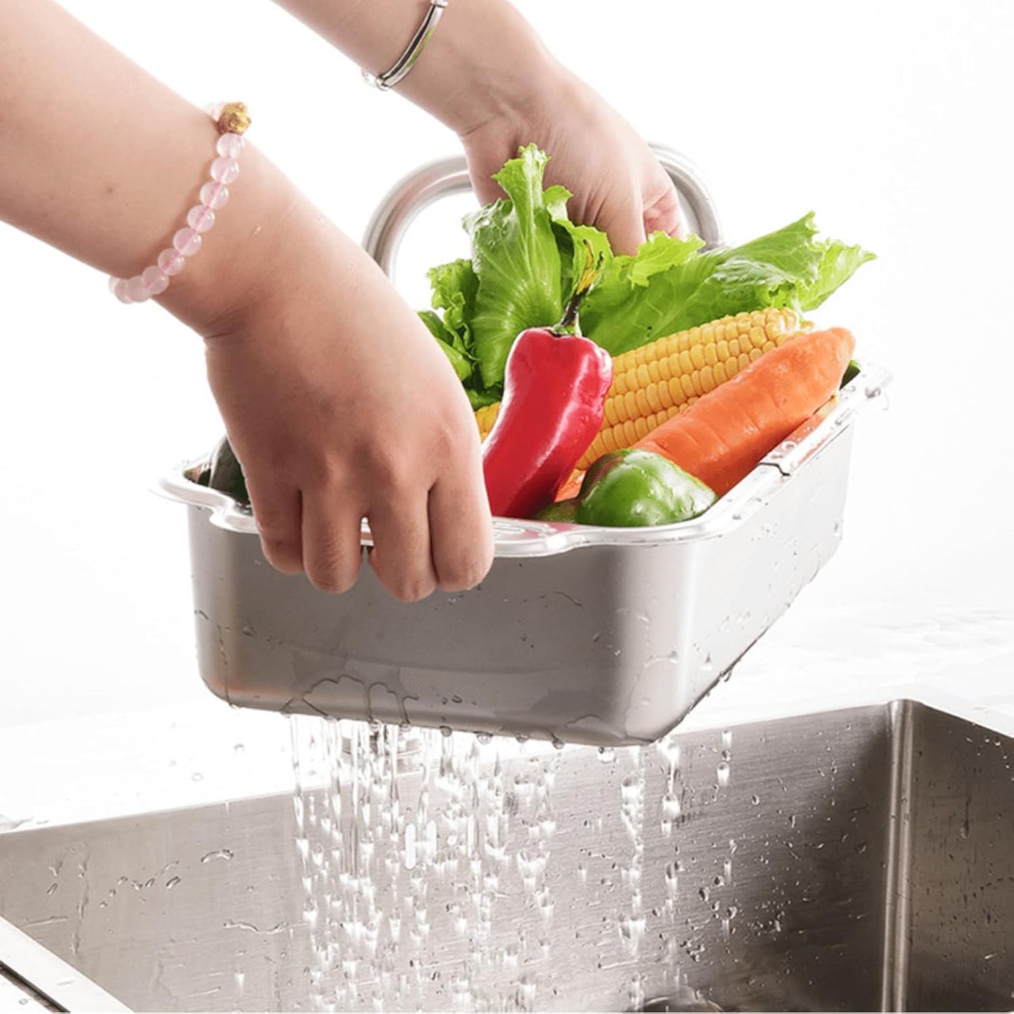 Extendable Over the Sink Colander Strainer Basket, Stainless Steel Retractable Kitchen Sink Basket - Wash Vegetables, Fruits, Drain Pasta and Dry Dishes XL (XL)