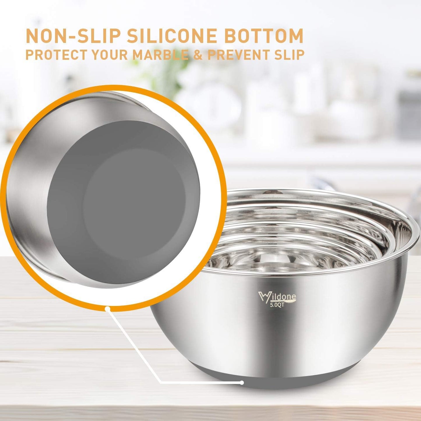 Wildone Mixing Bowls with Airtight Lids Set, 5PCS Stainless Steel Khaki Nesting Bowls for Kitchen, with Grater Attachments & Non-Slip Bottoms, Size 5, 3, 2, 1.5, 0.63 QT, Great for Mixing & Serving