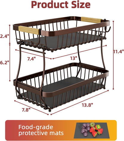 Sevenblue 2 Tier Large Fruit Basket for Kitchen Counter with 2 Mobile Banana Hangers, 2026 Pro Detachable Metal Fruit Bowl with Wooden Handle, Fruit Holder for Bread Snack Veggies with Protective Mats