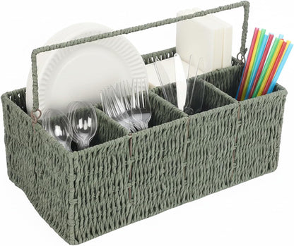 Utensil Holder, Hand Woven Silverware Caddy, 5 Compartments Flatware Organizers, Paper Plate Dispenser with Handle, Kitchen Countertop Organizer for Spoons Forks Plates Napkins, Green