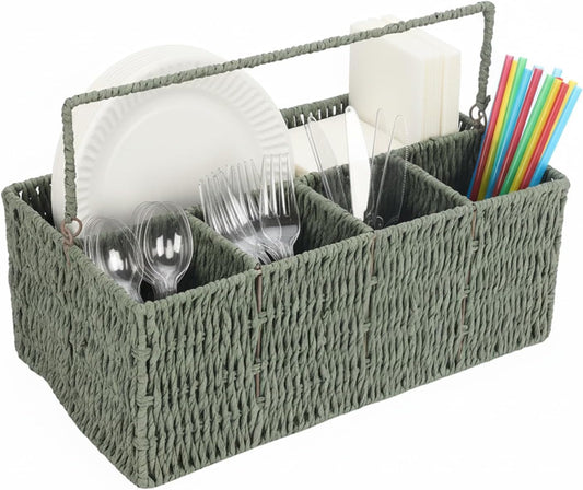 Utensil Holder, Hand Woven Silverware Caddy, 5 Compartments Flatware Organizers, Paper Plate Dispenser with Handle, Kitchen Countertop Organizer for Spoons Forks Plates Napkins, Green