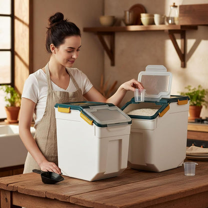 Rice Storage Container 25 lbs, Grey, 2 Pack | Airtight, with Wheels, Locking Lid, Measuring Cup Included, for Flour Sugar Grain Cereal