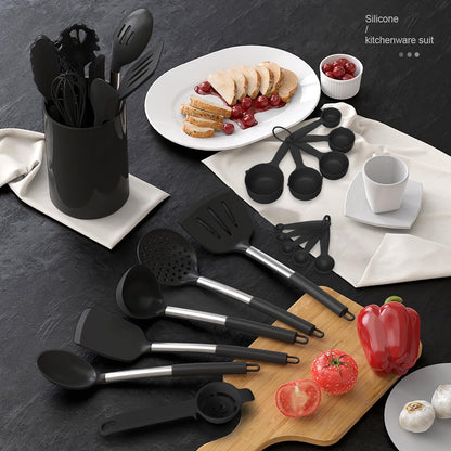 oannao Large Silicone Cooking Utensils Set - Heat Resistant Kitchen Utensils,Turner Tongs,Spatula,Spoon,Brush,Whisk,Stainless Steel Cooking Tool for Nonstick Cookware,Dishwasher Safe (Khaki)