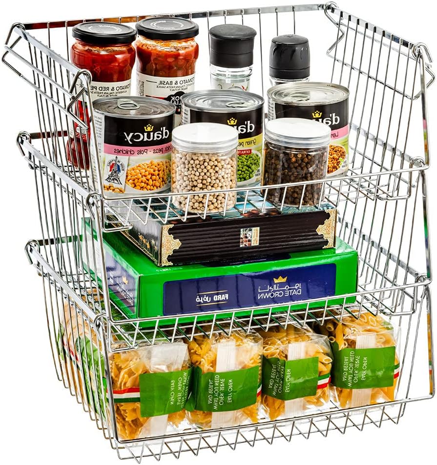 SANNO 14" Stacking Baskets Bin Wire Storage Baskets Organization Farmhouse Scoop Baksket for Pantry, Kitchen, Closets, Bathroom, Cabinets, Kitchen, Narrow, Set of 3