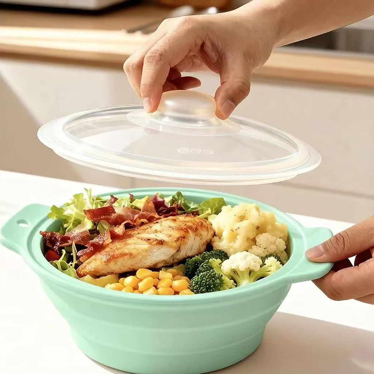Collapsible Silicone Microwave Vegetable Steamer with Removable Steam Rack,42oz Heat-Resistant Cooker with Steam Holes,Easy to Store Freezer Dishwasher Safe,BPA Free (Grey)
