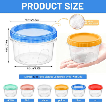 12 Pack Freezer Containers with Screw On Lids, 10oz Stackable Reusable Food Storage Container, Airtight Plastic Storage Containers with Twist Top Lids for Food Sauce Jello Soup