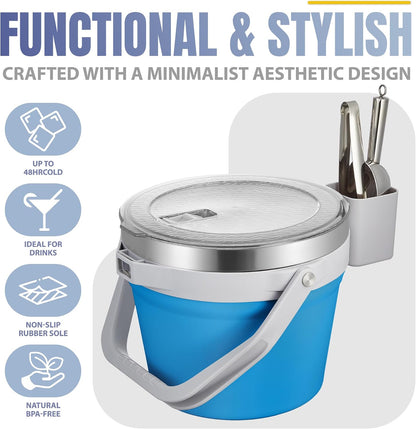 COKTIK 7L Vacuum Insulated Ice Bucket with Lid and Scoop& Tongs，Large capacity Stainless Steel Beverage Bucket for Cocktail, Champagne, Wine, Beer，Large Parties（Milk White Suit）