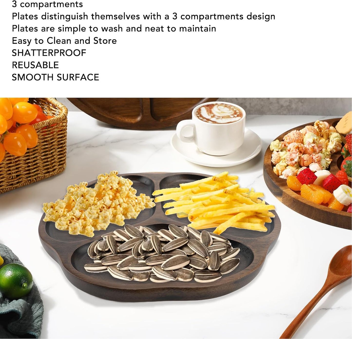 Divided Serving Tray, 3 Compartments Appetizer Snack Dishes Decorative Wooden Serving Platters Chip and Dip Tray for Snack Nut Fruit Veggie