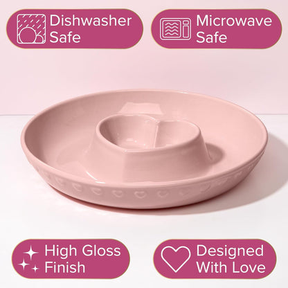 Paris Hilton Chip and Dip Serving Tray, Finely Crafted Stoneware with Heart-Shaped Dipper, Embossed Hearts, Microwave and Dishwasher Safe Stoneware, 12-Inch, Pink