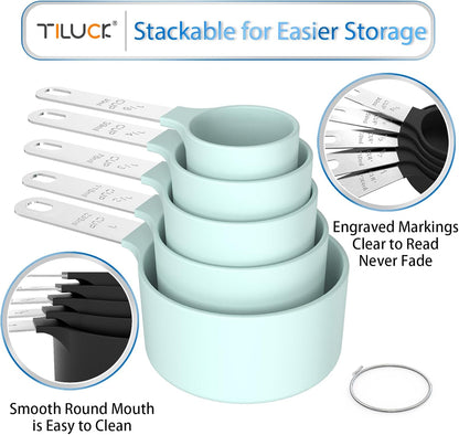 TILUCK Measuring Cups & Spoons Set, Stackable Cups and Spoons, Nesting Measure Cups with Stainless Steel Handle, Kitchen Gadgets for Cooking & Baking (Black)