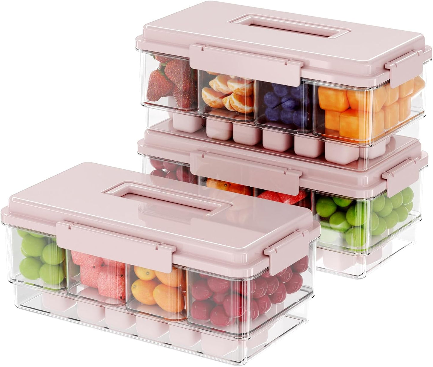 2Pack Chilled Condiment Caddy with 4 Containers 4 Lids Fruit Serving Tray Platter with Handle Portable Snackle Box Organizer Server with Ice Pack for Mimosa Bar Supplies,Salad,Taco,Party Garnish,Beige