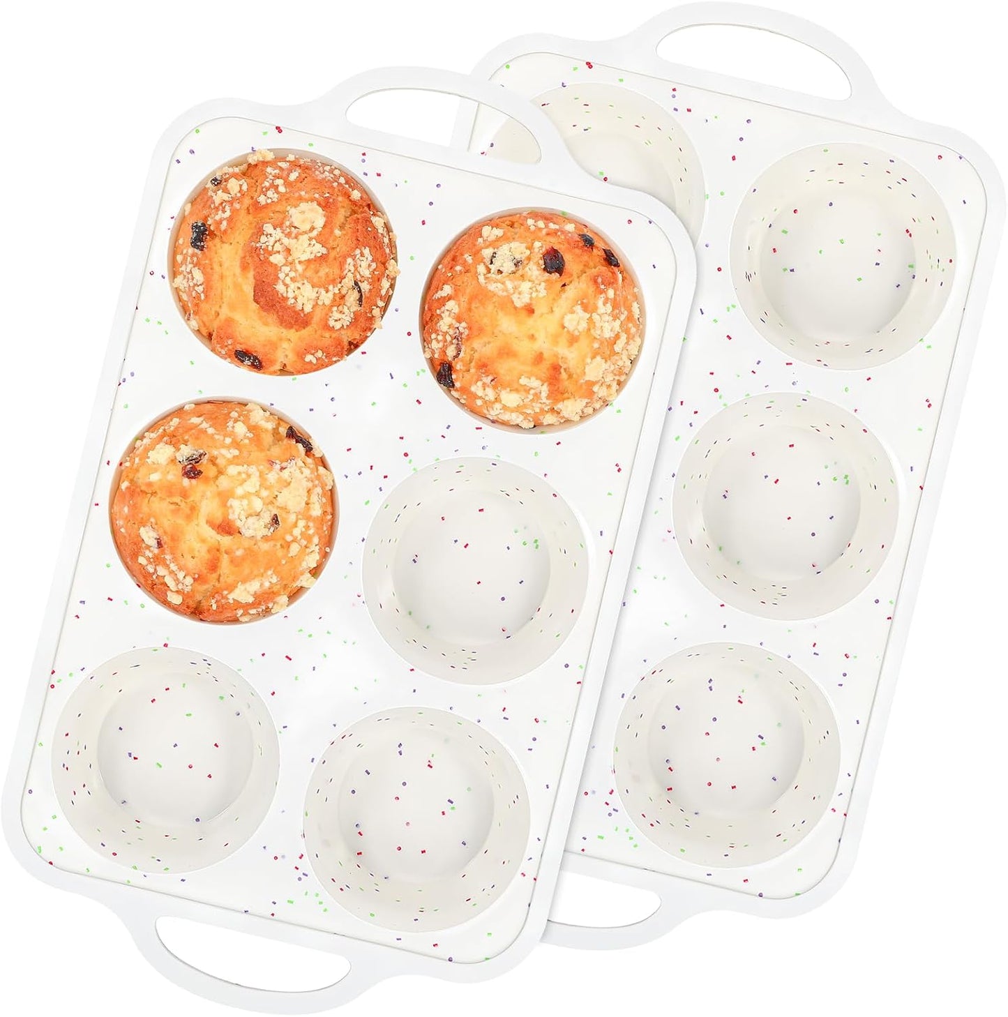 Silicone Muffin Pans With Metal Reinforced Frame - 24 Cups Durable Silicone Baking Pan for Muffins, Cupcakes, BPA Free and Dishwasher Safe - Beige with Rainbow Spots, Set of 2