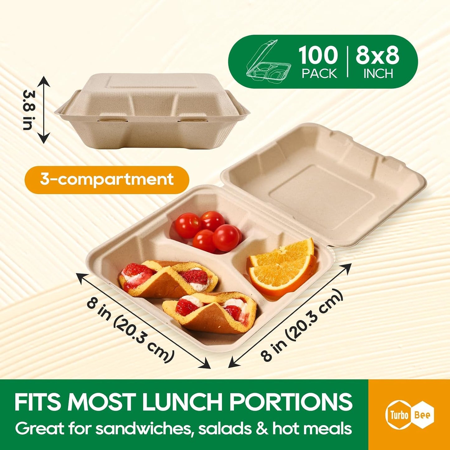 Turbo Bee 100 Pack 8x8inch White 3 Compartment Take Out Containers with Lids, Disposable Clamshell Meal Prep Containers, Divided Lunch Boxes for Catering, Restaurant & Meal Prep